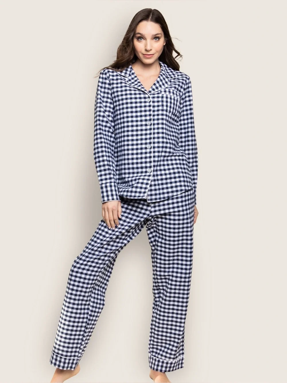Petite Plume Women's Twill Pajama Set in Navy Gingham Large